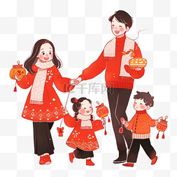 带孩子的妈妈图片_新年场景一家人卡通手绘团圆元素