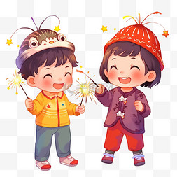 新年场景手绘图片_两个可爱的孩子卡通元素放烟花手