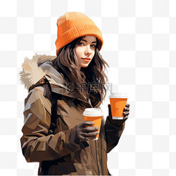 一杯咖啡俯视图片_身穿夹克、戴着橙色帽子、手里拿