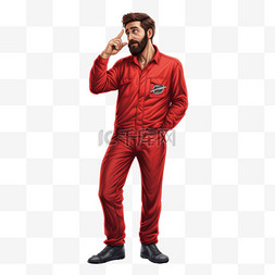 童装连身衣图片_身穿红色连身衣的男子站在问号旁