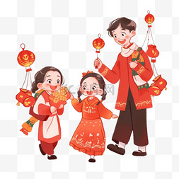 拿糖葫芦图片_新年手绘场景一家人团圆卡通元素