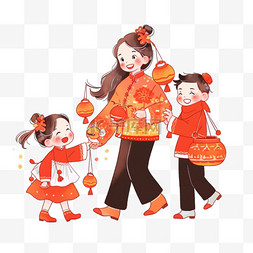 拿糖葫芦图片_新年元素场景一家人团圆卡通手绘