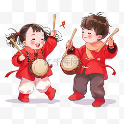 打鼓红色图片_新年可爱的孩子卡通打鼓手绘元素