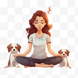 垫子上的狗图片_有狗的女孩在垫子上做瑜伽