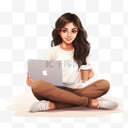 有膝上型计算机和咖啡的女孩坐地