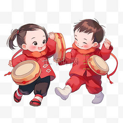 红色打鼓素材图片_手绘元素新年可爱的孩子打鼓卡通