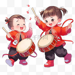 红色打鼓素材图片_新年手绘元素可爱的孩子打鼓卡通