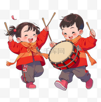 新年可爱的孩子打鼓卡通元素手绘