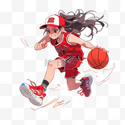 红色篮球背景图片_卡通打篮球的女孩手绘元素