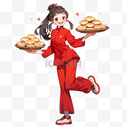 手绘红色衣服图片_新年卡通可爱的女孩拿着糕点元素