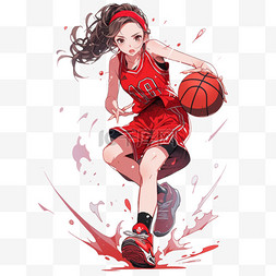 马尾手绘女孩图片_打篮球的女孩卡通元素