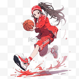 红色篮球背景图片_打篮球女孩免抠元素手绘