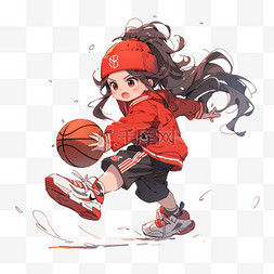 红色篮球背景图片_打篮球的女孩卡通手绘免抠元素
