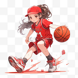 红色篮球背景图片_打篮球卡通女孩免抠元素手绘