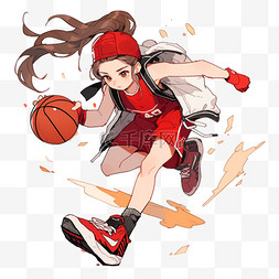 红色篮球背景图片_打篮球的女孩卡通免抠元素手绘