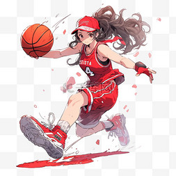 卡通手绘红色背景图片_打篮球元素女孩卡通免抠