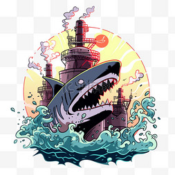 核污染变异的鲨鱼卡通手绘免抠元