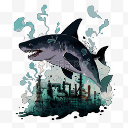 核污染卡通手绘变异的鲨鱼元素