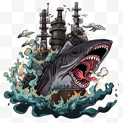 核污染变异的鲨鱼卡通元素手绘