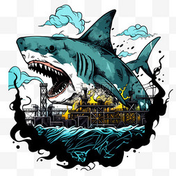 手绘核污染变异的鲨鱼卡通元素
