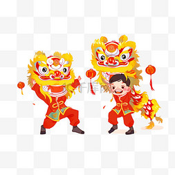 手绘国潮舞龙舞狮图片_新年卡通舞狮手绘元素