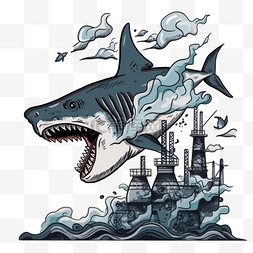黑色卡通背景背景图片_卡通手绘核污染变异的鲨鱼元素