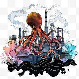 核污染手绘元素变异的章鱼卡通