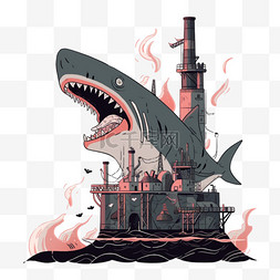 核污染卡通元素变异的鲨鱼手绘
