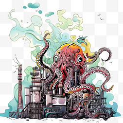 核污染卡通手绘变异的章鱼元素