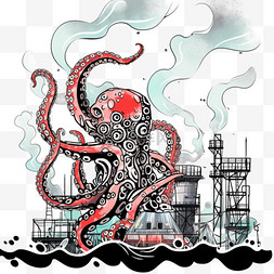 核污染手绘变异的章鱼卡通元素