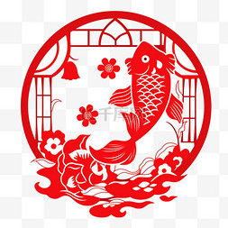 红色剪纸鲤鱼图片_新年窗花手绘红色剪纸鲤鱼元素