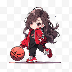 红黑白色图片_女孩拿着篮球卡通元素