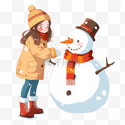 纯色大衣图片_手绘迎新年可爱女孩堆雪人元素