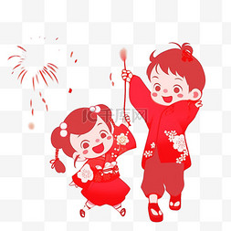 新年红色剪纸手绘孩子放烟花手绘