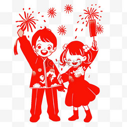 红色的烟花图片_新年红色剪纸孩子放烟花卡通元素