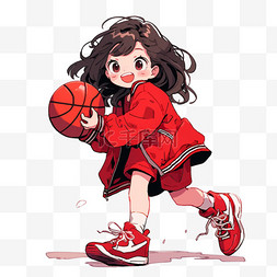 红黑白色图片_手绘元素女孩拿着篮球卡通