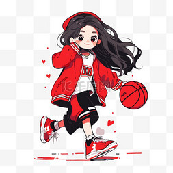 红黑白色图片_卡通元素女孩拿着篮球手绘