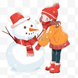 迎新年可爱女孩卡通手绘堆雪人元