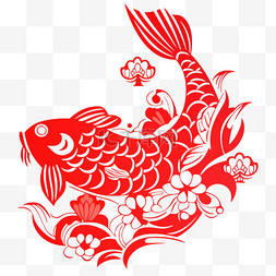 红色剪纸鲤鱼图片_新年窗花手绘元素红色剪纸鲤鱼