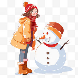 纯色大衣图片_卡通迎新年可爱女孩堆雪人手绘元