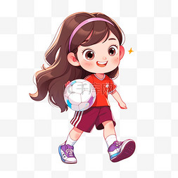 手绘踢足球足球图片_可爱女孩卡通手绘拿着足球元素