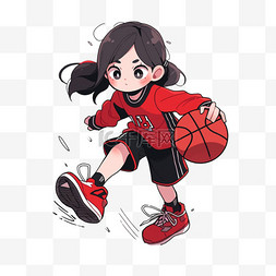 红手绘背景图片_女孩手绘元素拿着篮球卡通