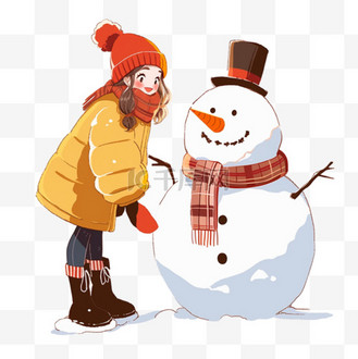 堆雪人元素图片素材_手绘迎新年可爱女孩堆雪人卡通元素