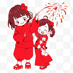 放烟花的女孩图片_新年红色剪纸孩子放烟花元素手绘