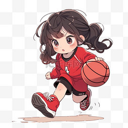 红黑背景图片_女孩卡通元素拿着篮球手绘