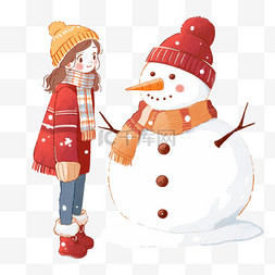 纯色大衣图片_手绘元素迎新年可爱女孩堆雪人卡