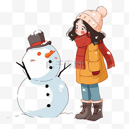 迎新年可爱女孩堆雪人手绘卡通元