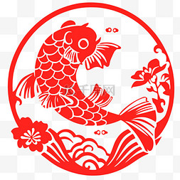 红色剪纸鲤鱼图片_新年窗花红色剪纸鲤鱼元素手绘