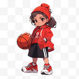 红手绘背景图片_女孩拿着篮球手绘卡通元素