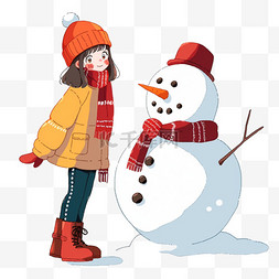 纯色大衣图片_迎新年可爱女孩堆雪人手绘元素